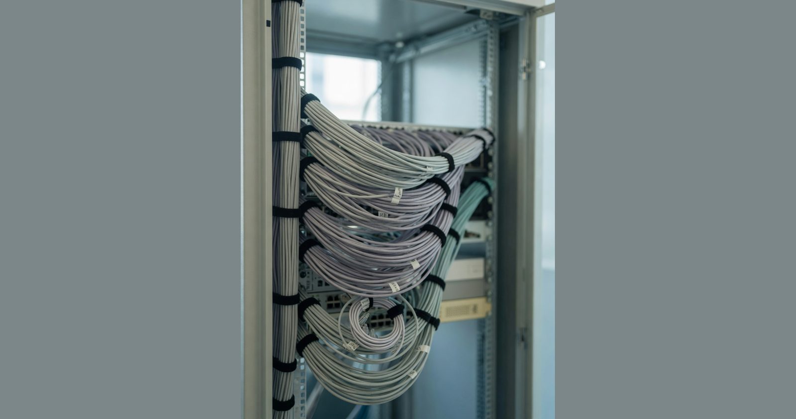 Ordentlich gebuendelte Netzwerkkabel in einem kleinen Serverschrank