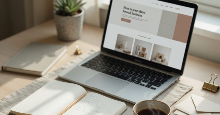 Aufgeraeumter Schreibtisch mit Laptop, Notizbuch und Kaffee am Morgen